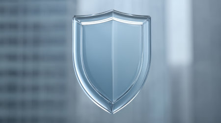 A sleek and transparent shield icon symbolizes security and protection, set against a blurred urban backdrop. Ideal for concepts of trust and safety in modern design.の素材
