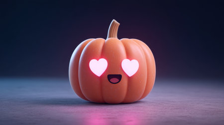 A charming pink pumpkin with heart-shaped eyes radiates warmth in the dark, bringing a festive and playful touch to any autumn decor or creative project.の素材