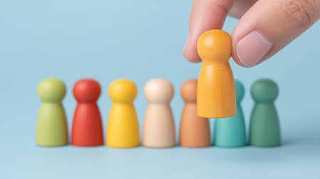 A hand is shown selecting a colorful figure from a lineup, illustrating the process of choosing talent in hiring decisions, highlighting individuality and strategy.の素材