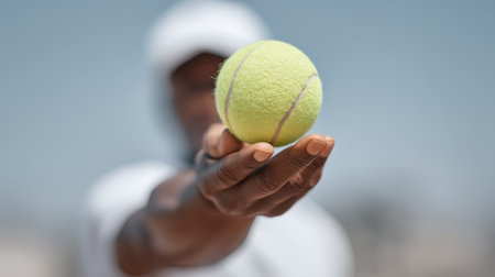 A dynamic shot of a tennis player serving a vivid green ball outdoors in bright sunlight. The action showcases athleticism and passion for the sport in a lively setting.の素材