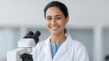 A confident Indian woman scientist smiles while using a microscope in a modern laboratory environment, showcasing the blend of technology and professional research in science.の素材