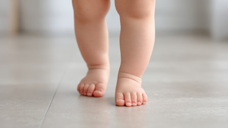 A close-up of a baby's feet taking their first steps on a polished floor, showcasing a heartwarming moment of growth and discovery in a bright, inviting environment.の素材