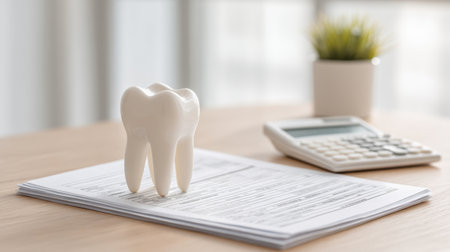A dental care model shaped like a tooth sits on paperwork alongside a calculator and a small plant, symbolizing the intersection of healthcare and business management.の素材