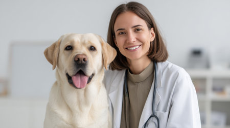 A smiling veterinarian poses with a dog in a modern clinical environment, showcasing the bond between animals and healthcare professionals in a friendly setting.の素材