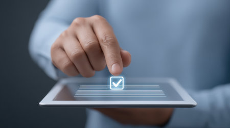 A businessperson's hand interacts with a tablet, highlighting a digital checkbox for task approval in a sleek office environment, representing modern workflow management.の素材