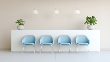 Bright and modern clinic interior featuring calming blue seats and soft lighting, creating a welcoming and peaceful space perfect for relaxation and comfort.の素材