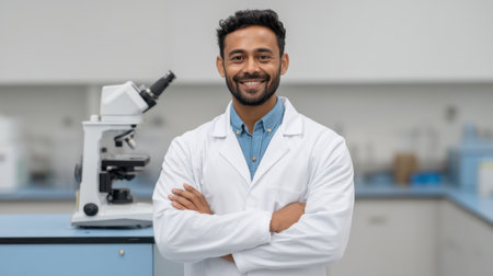 A smiling Indian scientist stands confidently in a modern laboratory, working with a microscope. This image captures the essence of dedication and passion for scientific research.の素材