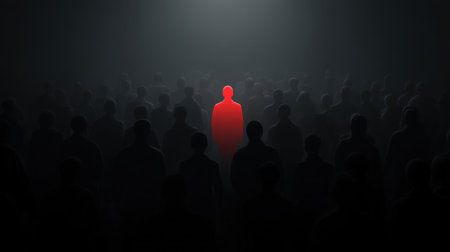 A striking image depicting a solitary red figure standing out among a sea of dark silhouettes, exploring themes of isolation and conformity in a surreal environment.の素材