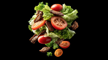 Experience a delightful combination of beef shawarma, fresh lettuce, and ripe tomatoes in this vibrant salad. A perfect healthy meal showcasing colors and textures.の素材