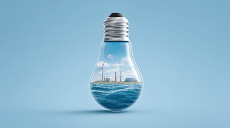 A creative representation of sustainability, featuring a lightbulb with a landscape of wind turbines and water, highlighting the connection between energy and nature.の素材