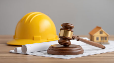 A gavel rests next to a hard hat, blueprints, and a house model, symbolizing the intersection of law and construction. Ideal for legal and real estate topics.の素材