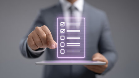 A professional man interacts with a holographic checklist, symbolizing modern approval processes and advanced technology in a business environment.の素材