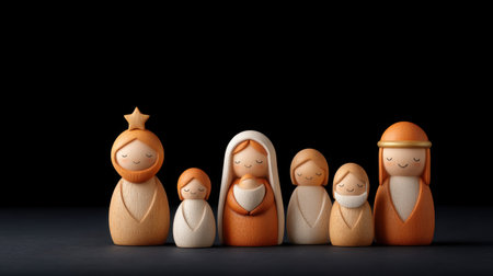 Delight in a serene arrangement of wooden nativity figures under soft light, showcasing the warmth and simplicity of the holiday season in a minimalist style.の素材