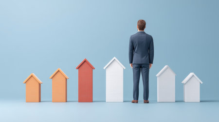 A businessman stands in front of a visual representation of real estate performance with increasing house symbols, symbolizing market growth and investment potential.の素材