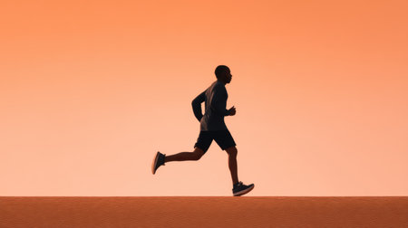 Captivating silhouette of a runner in motion against a vibrant dusk sky, symbolizing determination and the tranquility of evening exercise in nature.の素材