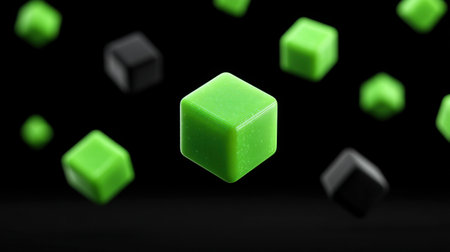 Vibrant floating green cubes illuminated against a deep black backdrop create a striking and modern visual. Ideal for use in digital art and creative projects, this design evokes depth and intrigue.の素材