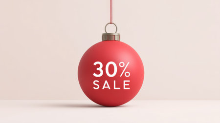 A simple yet elegant red ornament features bold text announcing a 30% sale, perfect for seasonal promotions and marketing materials in a minimalistic setting.の素材