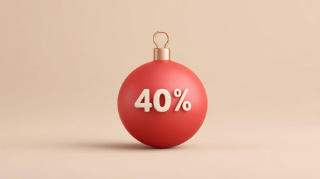 A striking red ornament featuring a bold 40% discount label, perfect for holiday promotions and seasonal decorations, set against an elegant beige background.の素材