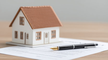 A model house placed on a signed contract with a pen, illustrating the business agreement process for potential homeowners and representing next steps in property transactions.の素材