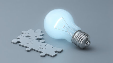 A glowing bulb rests beside puzzle fragments on a soft blue background. This image symbolizes creativity, innovation, and the search for solutions in design and ideas.の素材