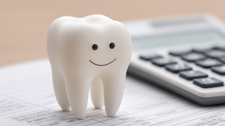 A charming tooth model with a smile sits next to a calculator and financial documents, illustrating the importance of budgeting for dental care and health services.の素材