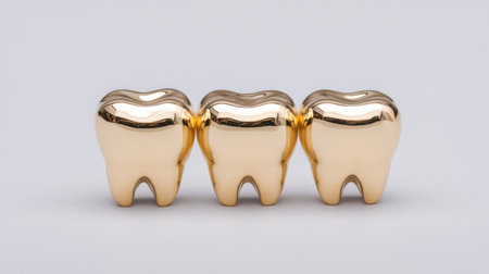 A striking image of three golden dental caps, symbolizing wealth and aesthetic appeal, illuminated under bright light, perfect for health and wellness themes.の素材