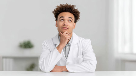Young physician in a white coat sits at a clean desk, deep in thought. The bright office conveys a sense of calm and inspiration, perfect for medical themes.の素材