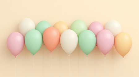 A collection of pastel-colored balloons arranged against a soft background, ideal for birthday celebrations, parties, and joyful gatherings, creating a cheerful atmosphere.の素材