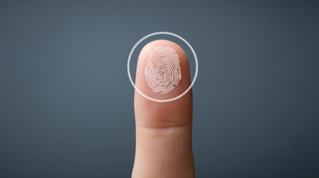 A close-up view of a human finger with a digital fingerprint overlay, set against a soft background. This image conveys themes of security and modern technology.の素材
