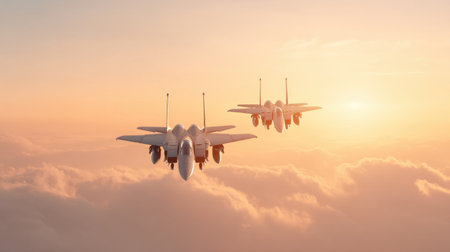 A stunning view of fighters flying in perfect formation above golden clouds at sunset, showcasing their elegance and power against a breathtaking sky.の素材
