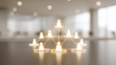 This image depicts a digital org chart featuring nodes and lines, creating a dynamic structure that symbolizes teamwork and organization in a professional office environment.の素材