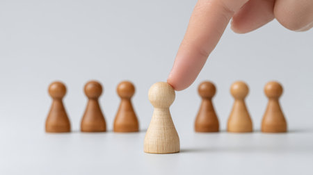 A hand selects a single unique pawn among many, symbolizing leadership and decision-making in strategic games. This image captures focus and competition.の素材