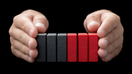 A pair of hands expertly holds colored blocks to symbolize weighing risk and safety decisions, merging strategy and visual representation in a compelling way.の素材