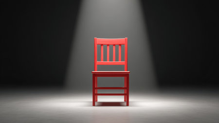 A striking red chair stands alone under a powerful stage light in a dark environment, creating a captivating visual of focus and minimalism. Perfect for artistic concepts.の素材