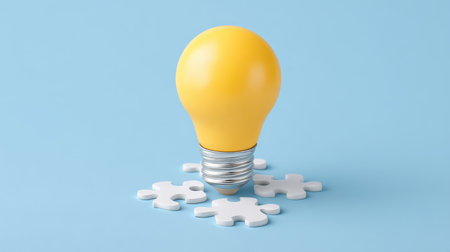 A bright yellow light bulb stands out amidst white puzzle pieces on a soft blue background, representing innovation and creative problem-solving in a vibrant and engaging way.の素材