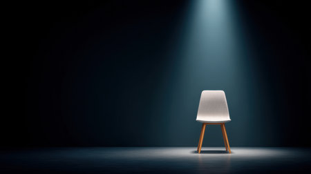 A striking image of a single chair illuminated by a bright spotlight in a dark setting, creating a captivating contrast with shadowed surroundings and topaz accents.の素材