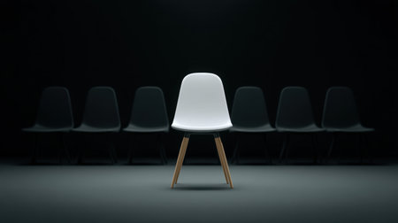 A striking minimalist chair illuminated in a spotlight with an array of darker chairs in the background, perfect for highlighting hiring concepts and modern design.の素材