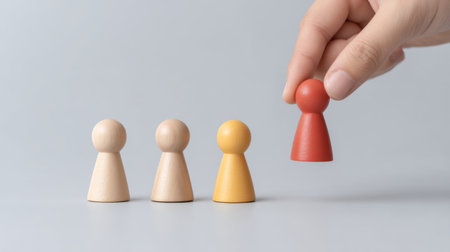 A hand selects a colored figure from a group of wooden tokens, symbolizing the decision-making process in talent recruitment and the importance of making strategic hiring choices.の素材