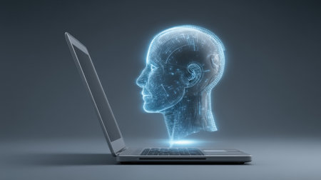 A captivating hologram of a human face emerges from a laptop screen, symbolizing the intersection of technology and creativity in the digital realm.の素材