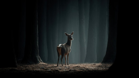 A striking image of a lone deer standing in a dark forest, bathed in soft, dramatic light, creating an enchanting atmosphere of serenity and mystery.の素材