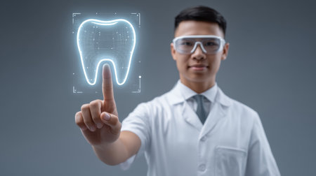 A futuristic specialist examines a detailed 3D rendering of human teeth, showcasing advanced technology and innovation in a modern dental environment.の素材