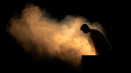 A solitary person leans towards a steaming object, immersed in a captivating atmosphere filled with warm topaz hues and ethereal steam. This evocative scene stirs intrigue and emotion.の素材