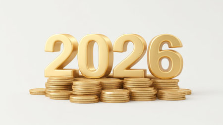 A striking image of the golden digits '2026' perched atop a pile of shiny coins, evoking themes of wealth and prosperity for the upcoming year.の素材