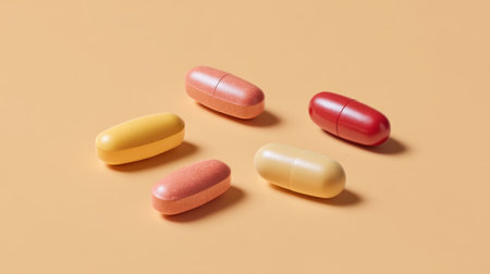 A visually stunning arrangement of colorful capsules on a clean surface illuminated by natural light, ideal for health and wellness themes, showcasing vibrant colors and modern design.の素材