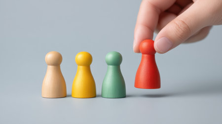 A hand is skillfully selecting a colorful game piece among other pieces, symbolizing the talent choice process in hiring decisions within a professional setting.の素材