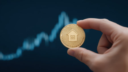 A hand displays a gold coin featuring a house symbol, symbolizing the intersection of cryptocurrency and real estate investment against a dynamic stock market chart backdrop.の素材
