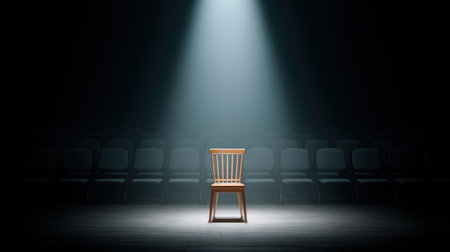 This captivating image features a wooden chair under a bright spotlight, set against a backdrop of dark seats in an empty theater, evoking feelings of solitude and contemplation.の素材