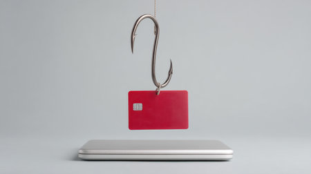 A striking visual metaphor of credit card fraud, featuring a red credit card impaled on a fishing hook, symbolizing digital security threats in modern payments.の素材