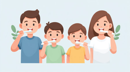Four cheerful children brush their teeth together, promoting healthy habits and oral hygiene in a friendly and vibrant cartoon illustration with a light background.の素材