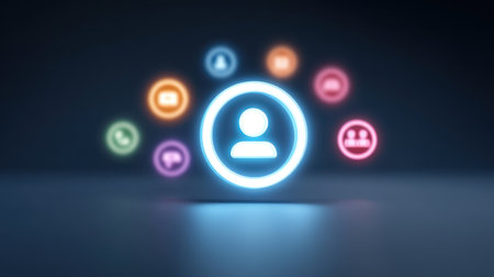 A vibrant neon user icon is surrounded by colorful symbols representing communication and social media, illustrating modern digital interactions and connectivity.の素材
